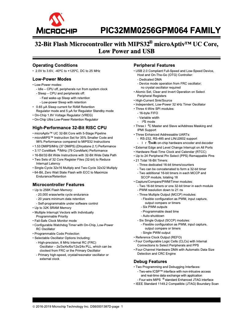Imagen de la primera página del manual del dispositivo PIC32MM0064GPM064