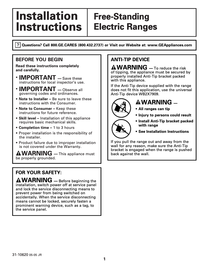 Página 1 del manual Guía de instalación GE JBP81BLBB