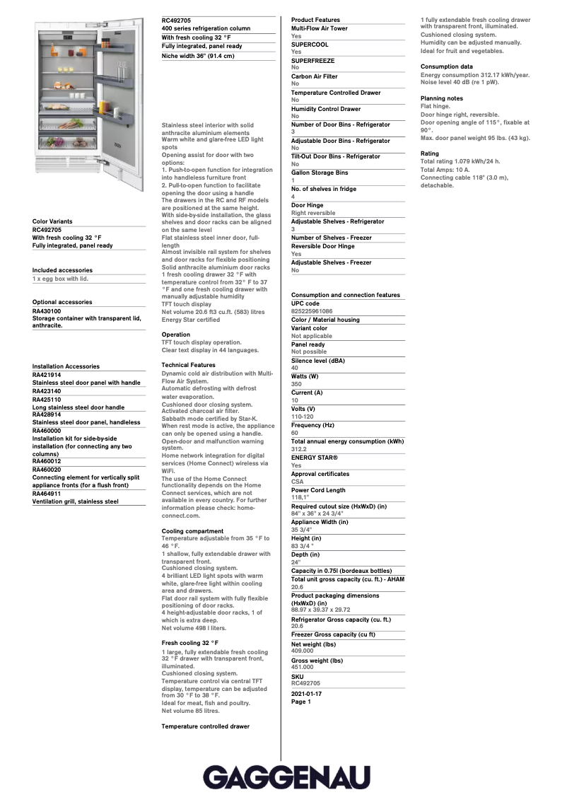 Página 1 del manual Ficha técnica Gaggenau RC492705