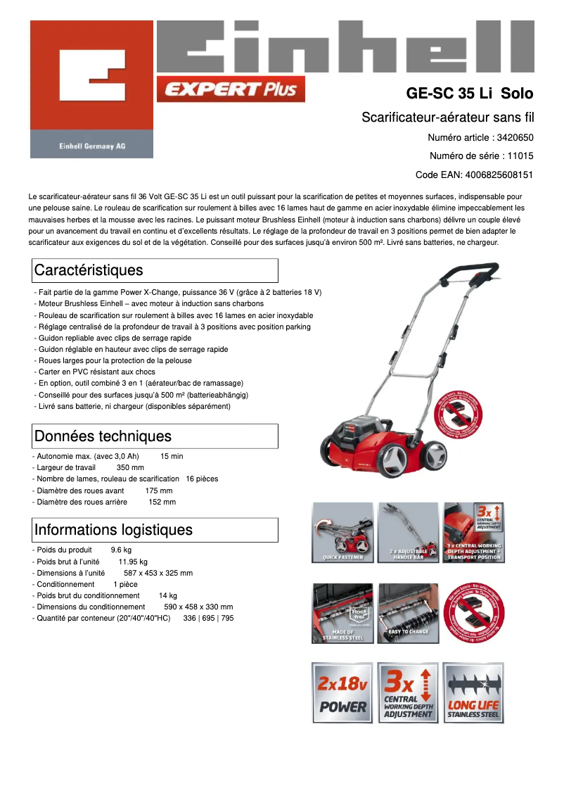 Página 1 del manual Ficha técnica Einhell GE-SC 35/1 Li-Solo