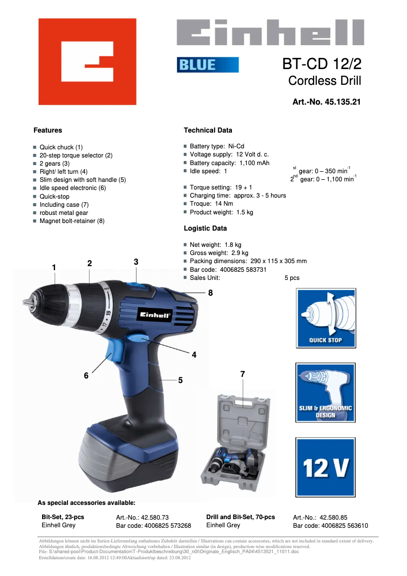 Página 1 del manual Ficha técnica Einhell BT-CD 12/2