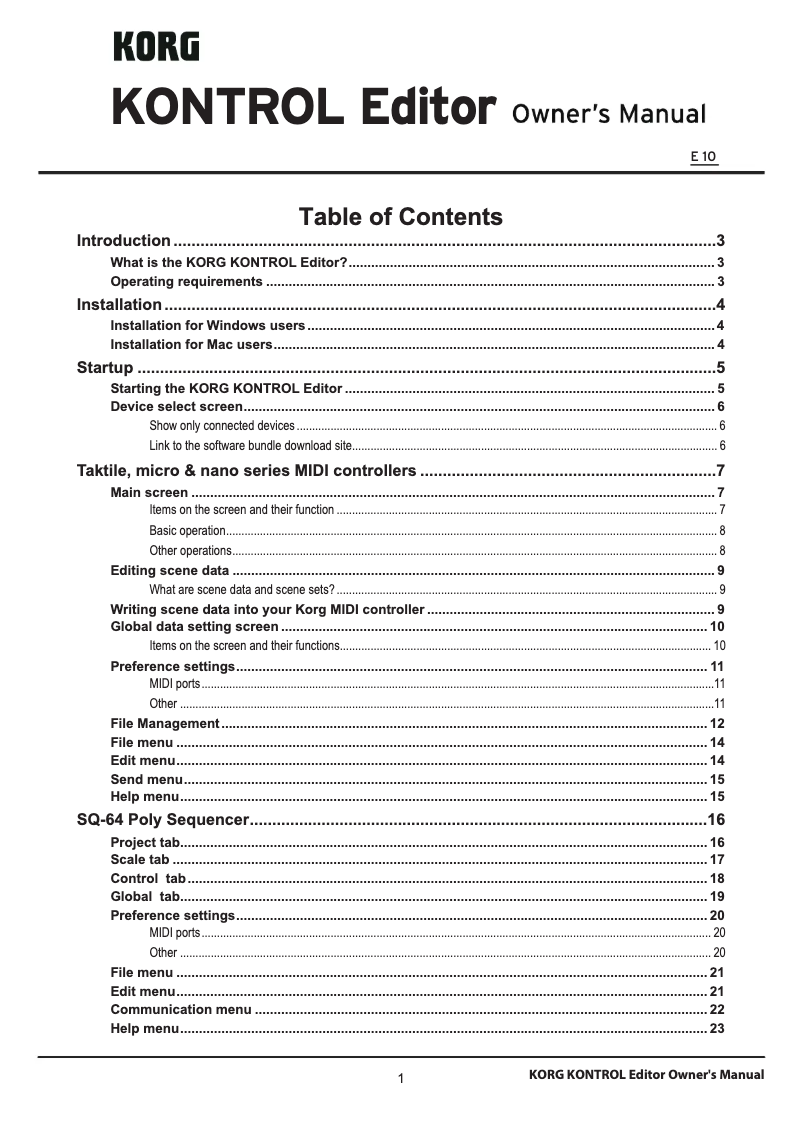 Imagen de la primera página del manual del dispositivo nanoKONTROL