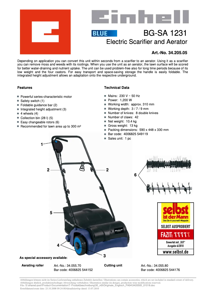 Página 1 del manual Ficha técnica Einhell BG-SA 1231