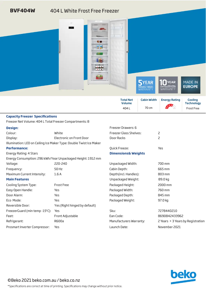 Página 1 del manual Ficha técnica Beko BVF404W