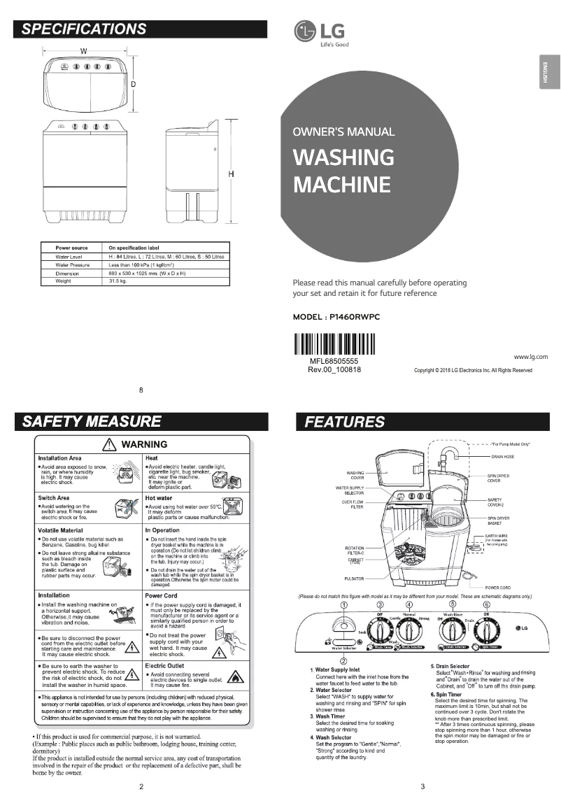 Imagen de la primera página del manual del dispositivo P1460RWPC
