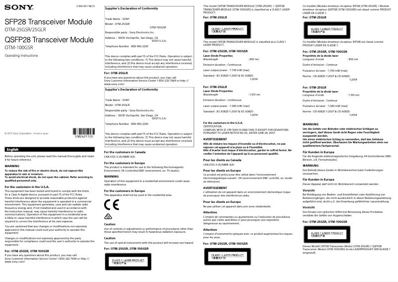 Imagen de la primera página del manual del dispositivo OTM-25GSR