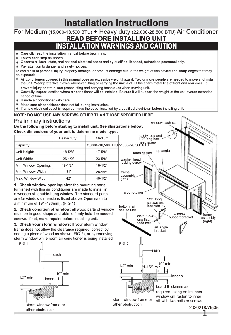 Página 1 del manual Guía de instalación Frigidaire FFRE2233Q2
