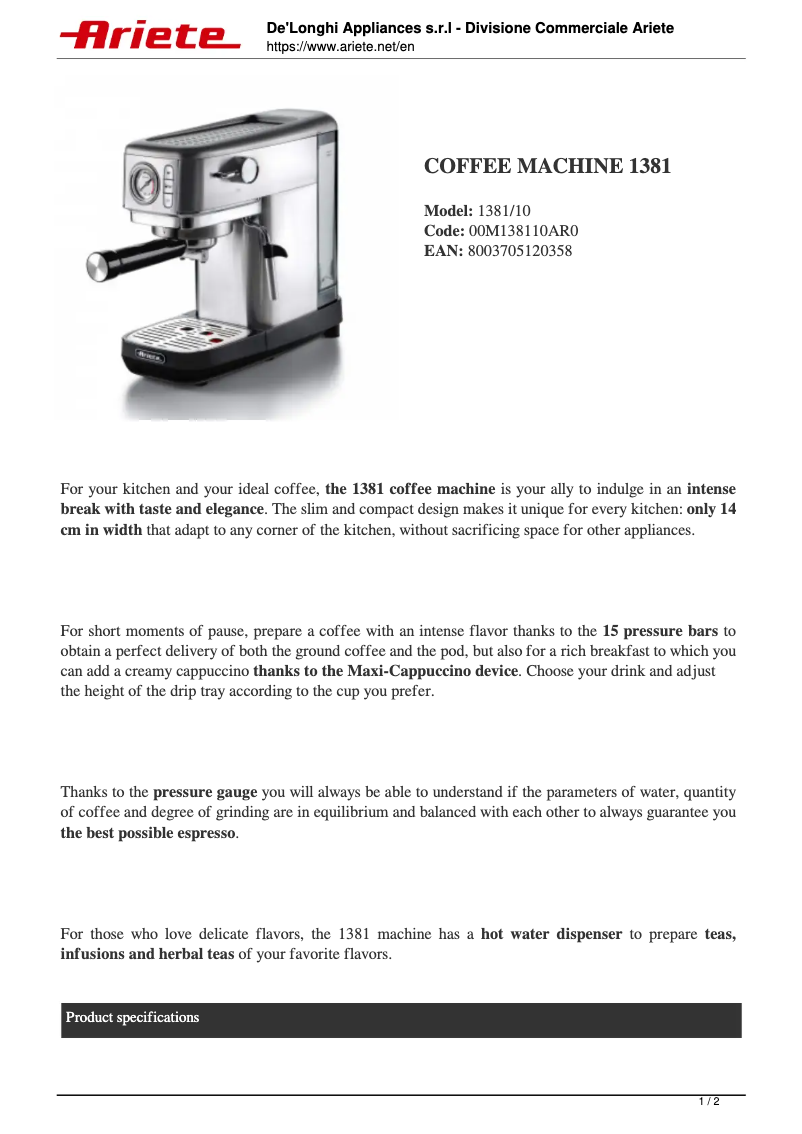 Página 1 del manual Ficha técnica Ariete 1381