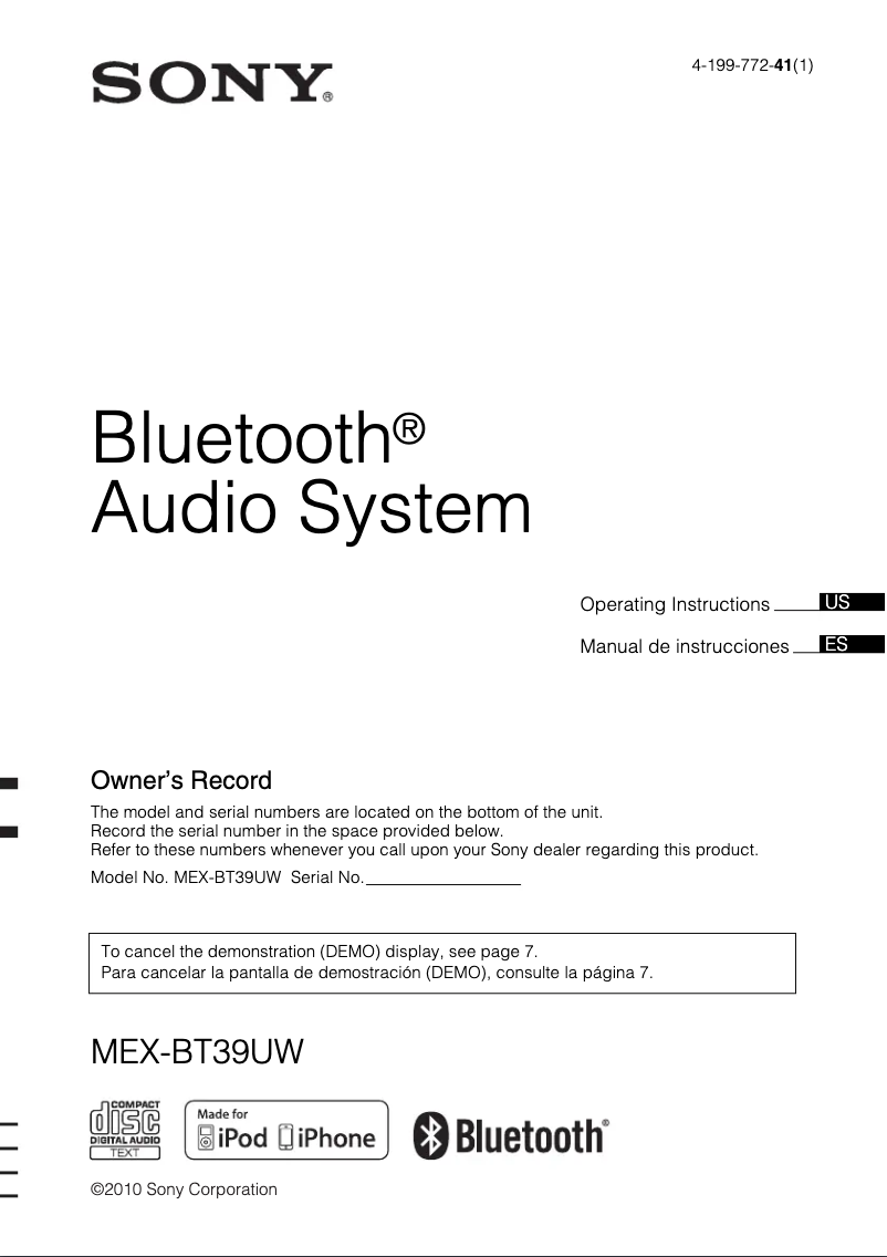 Imagen de la primera página del manual del dispositivo MEX-BT39UW