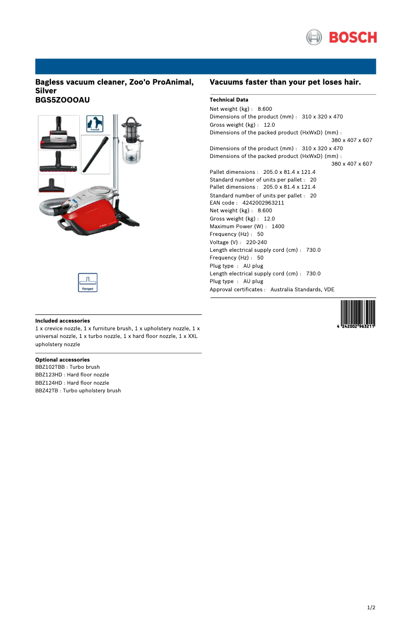 Página 1 del manual Ficha técnica Bosch Relaxx'x Zoo'o ProAnimal BGS5ZOOOAU