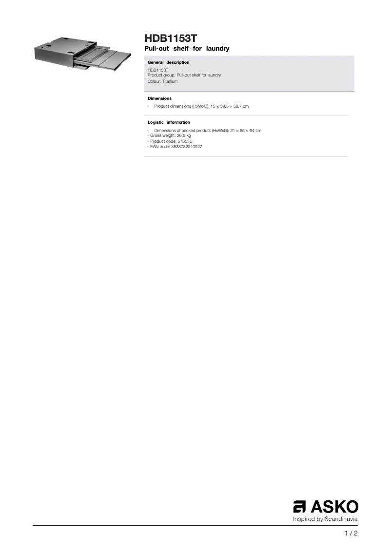 Página 1 del manual Ficha técnica Asko HDB1153T
