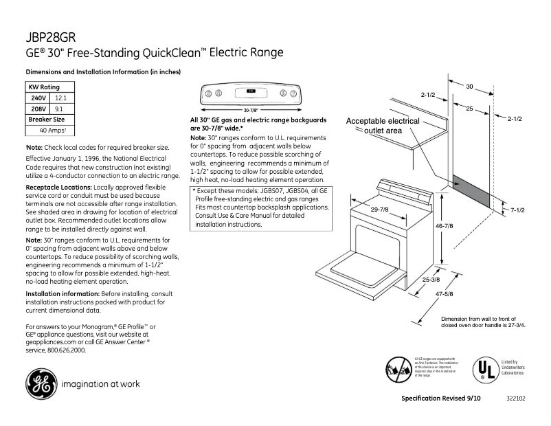 Página 1 del manual Ficha técnica GE JBP28GRSA