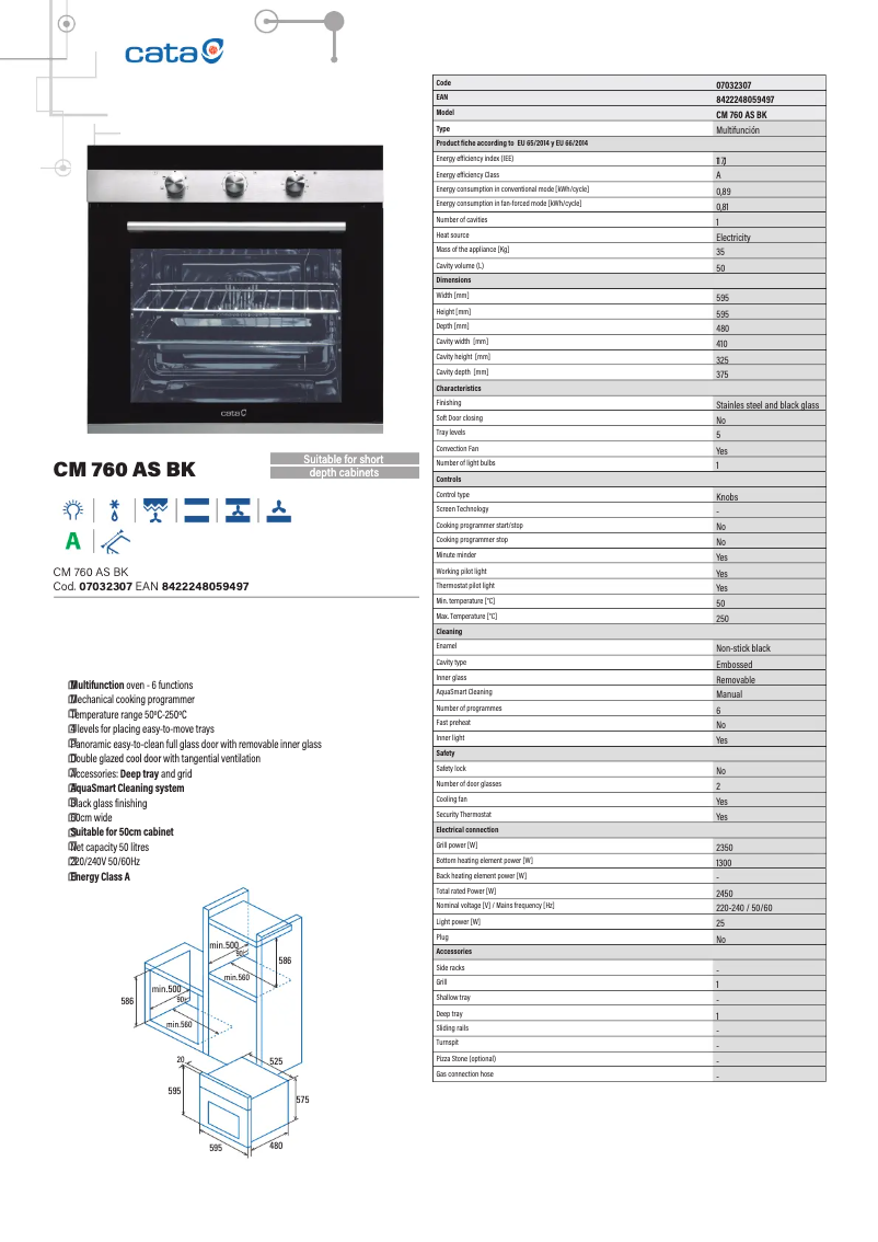 Página 1 del manual Ficha técnica CATA CM 760 AS BK