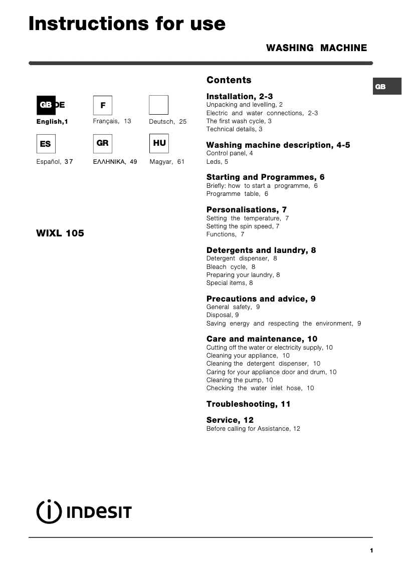 Imagen de la primera página del manual del dispositivo WIXL 105 EX