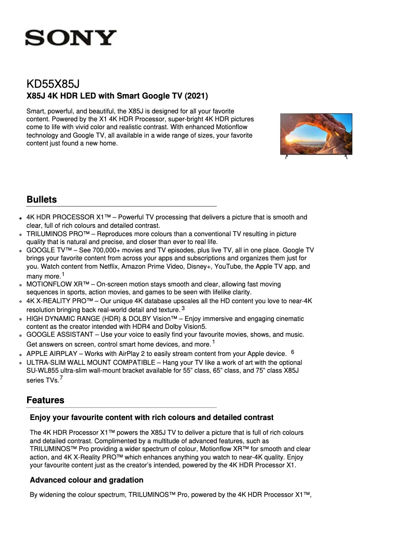 Página nº 1 - Ficha técnica Sony KD-55X85J