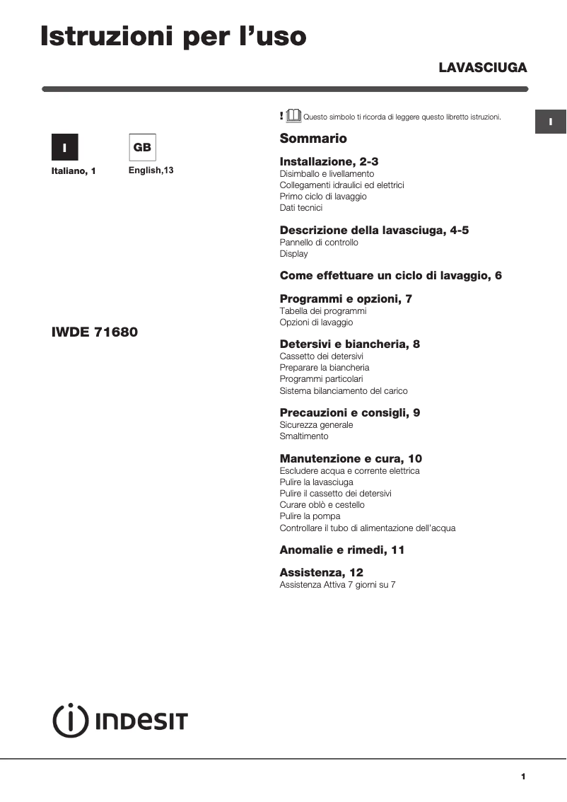 Página 1 del manual Manual de usuario Indesit IWDE 71680 C ECO IT