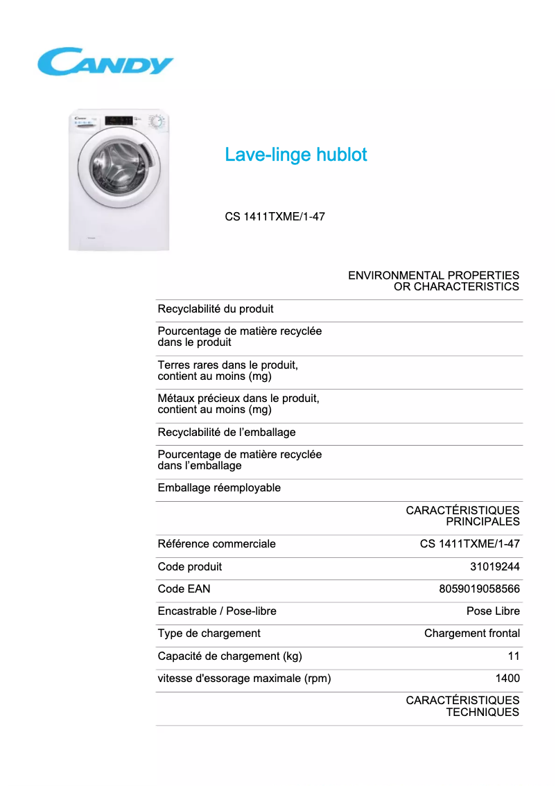 Página 1 del manual Ficha técnica Candy CS 1411TXME/1-47