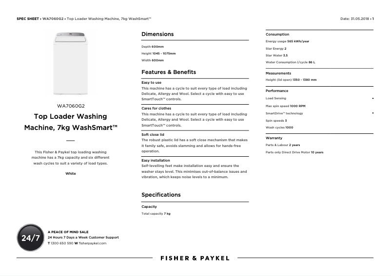 Página 1 del manual Ficha técnica Fisher & Paykel WA7060G2
