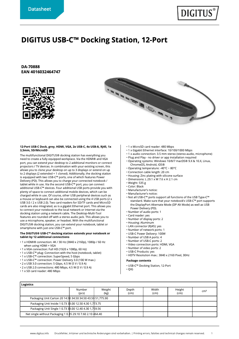 Página 1 del manual Ficha técnica Digitus DA-70888