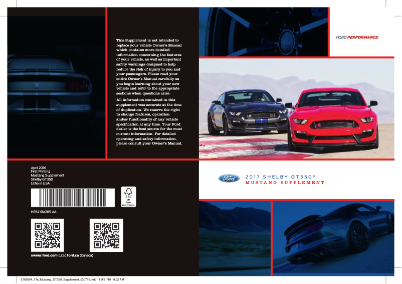 Imagen de la primera página del manual del dispositivo Mustang Shelby GT350 (2017)