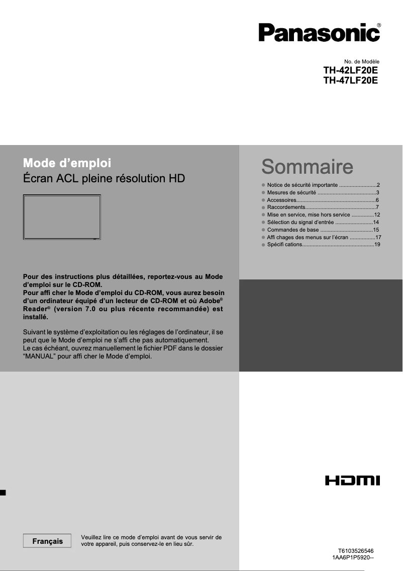 Página nº 1 - Guía de inicio rápido Panasonic TH-42LF20E