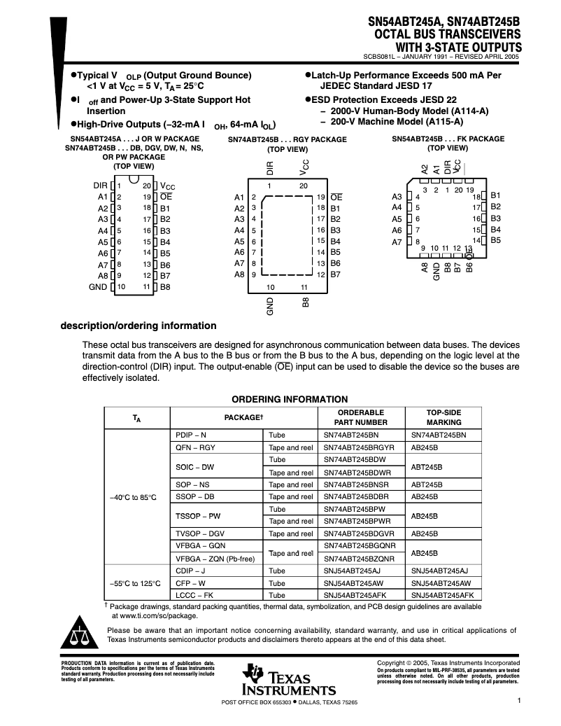 Imagen de la primera página del manual del dispositivo SN74ABT245BN
