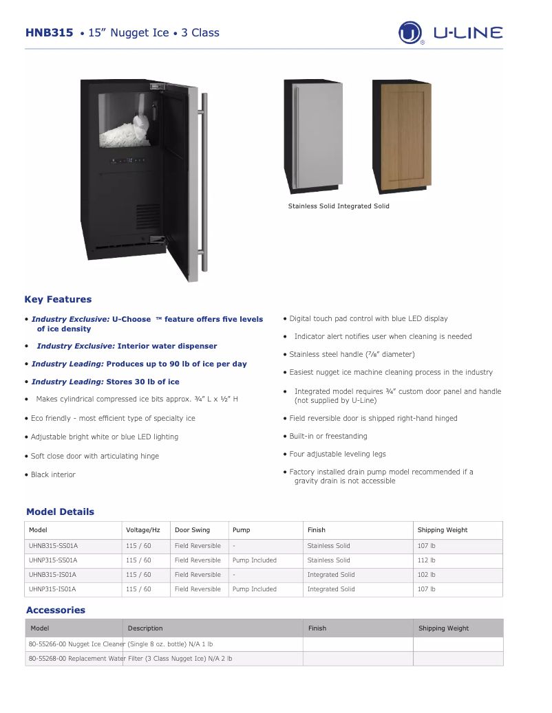 Página 1 del manual Ficha técnica U-Line UHNB315