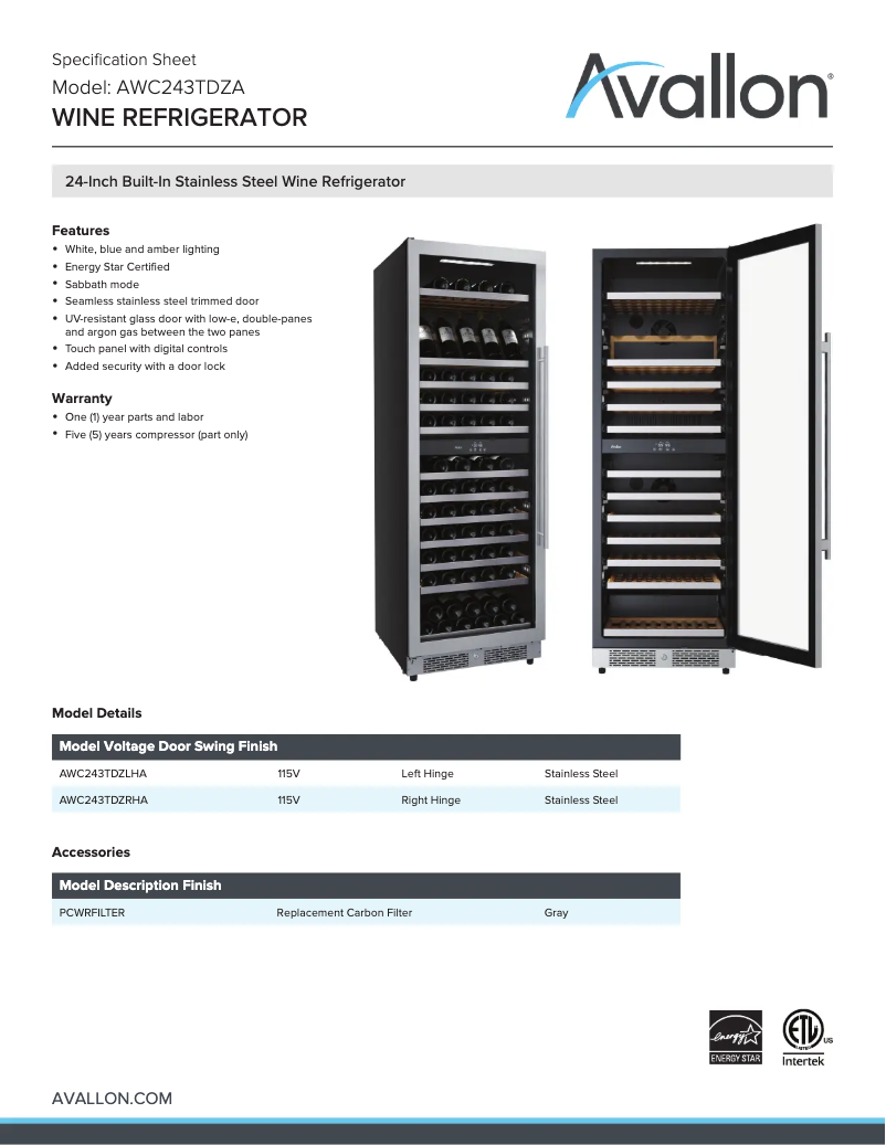 Página nº 1 - Ficha técnica Avallon AWC243TDZLHA