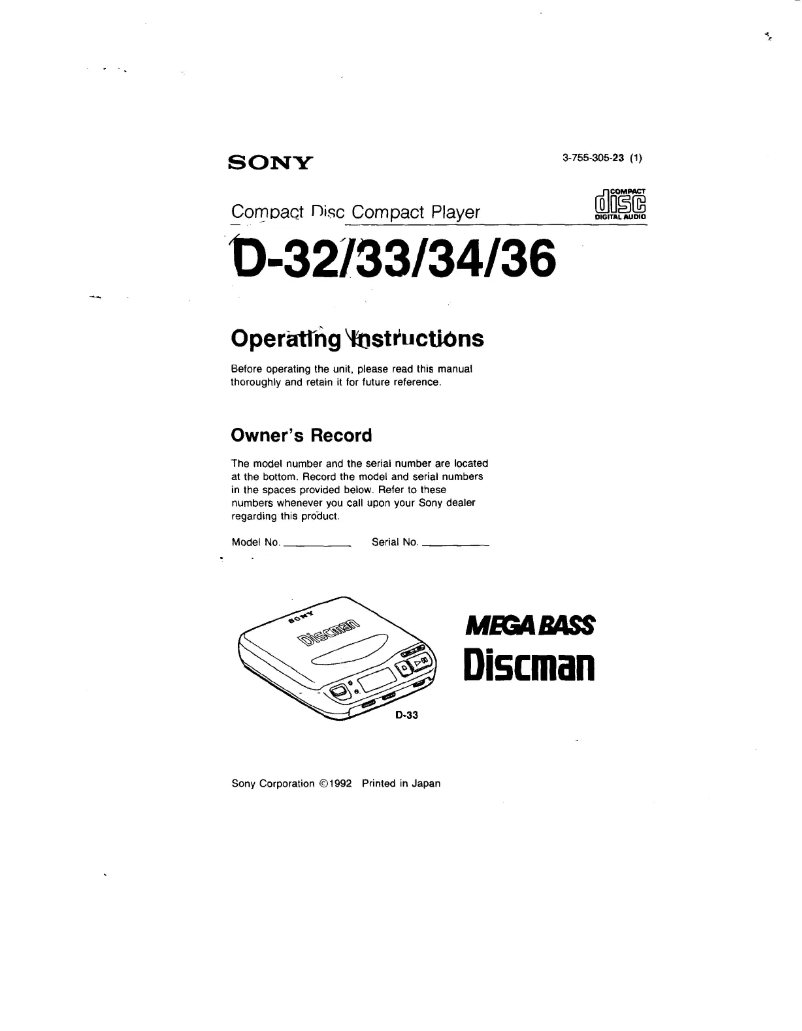 Imagen de la primera página del manual del dispositivo Discman D-36