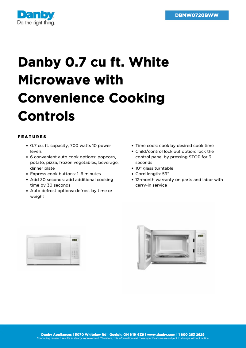 Página 1 del manual Ficha técnica Danby DBMW0720BWW