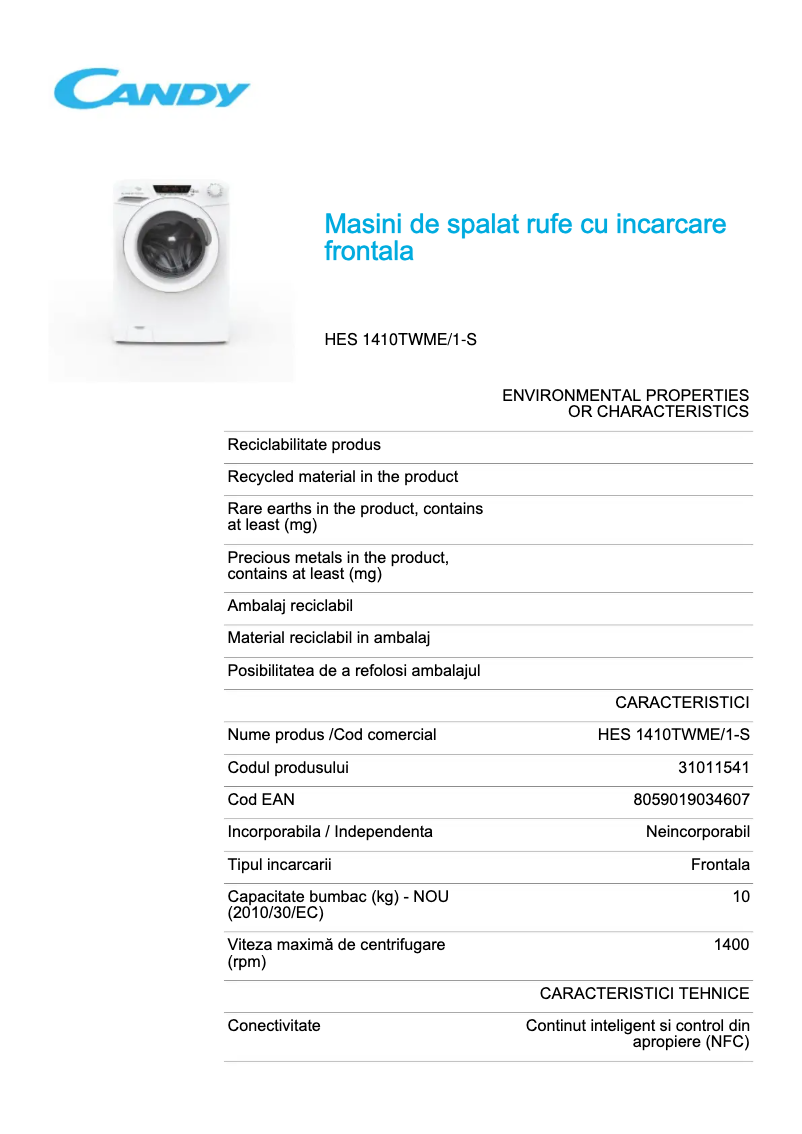 Página 1 del manual Ficha técnica Candy HES 1410TWME/1-S