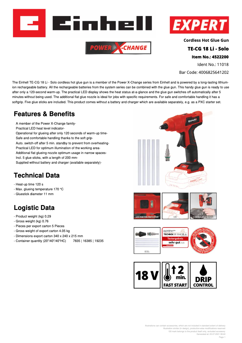 Página 1 del manual Ficha técnica Einhell TE-CG 18 Li