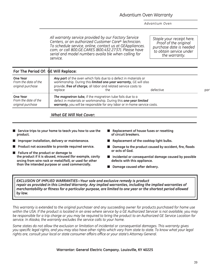 Página 1 del manual Información de garantía GE JVM6175EFES