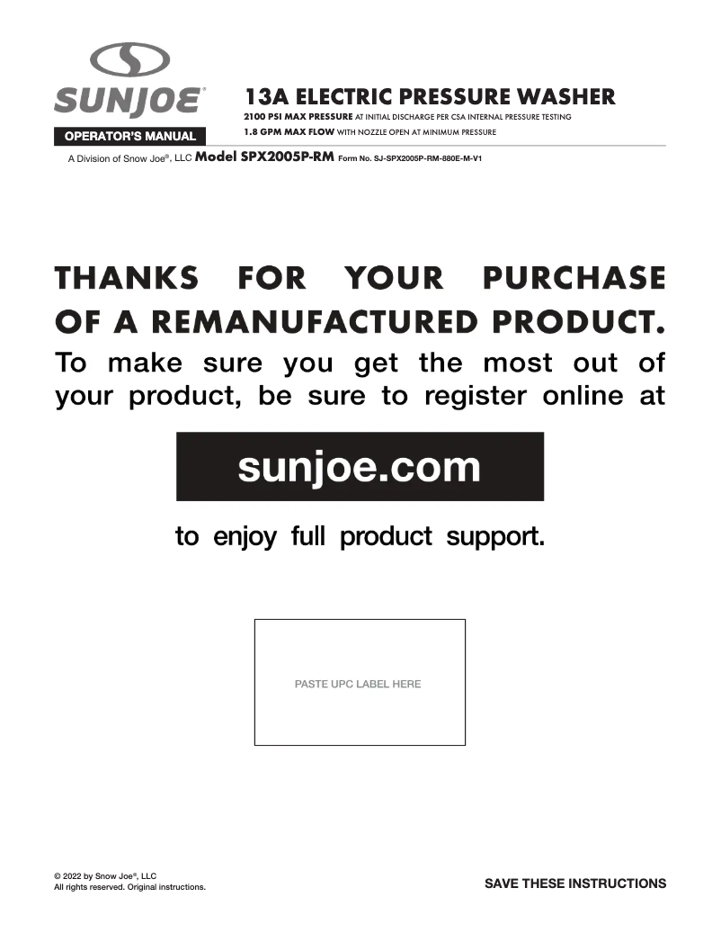 Página 1 del manual Manual de usuario Sun Joe SPX2005P-RM