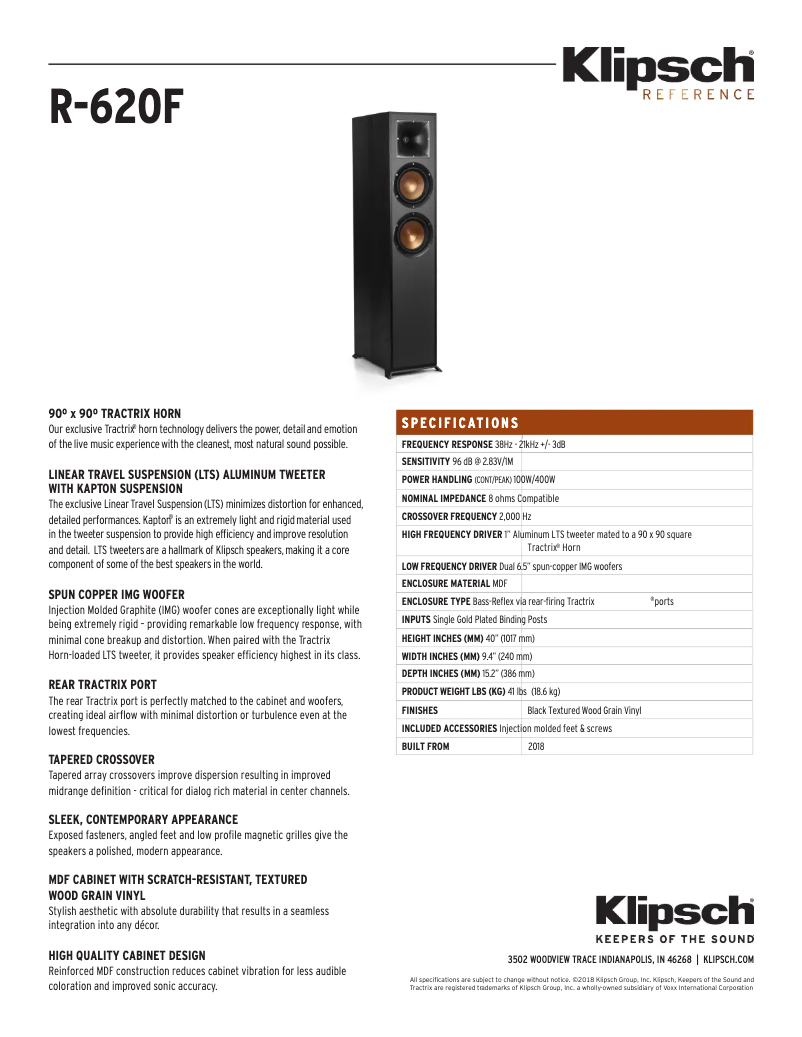 Página 1 del manual Ficha técnica Klipsch Reference R-620F