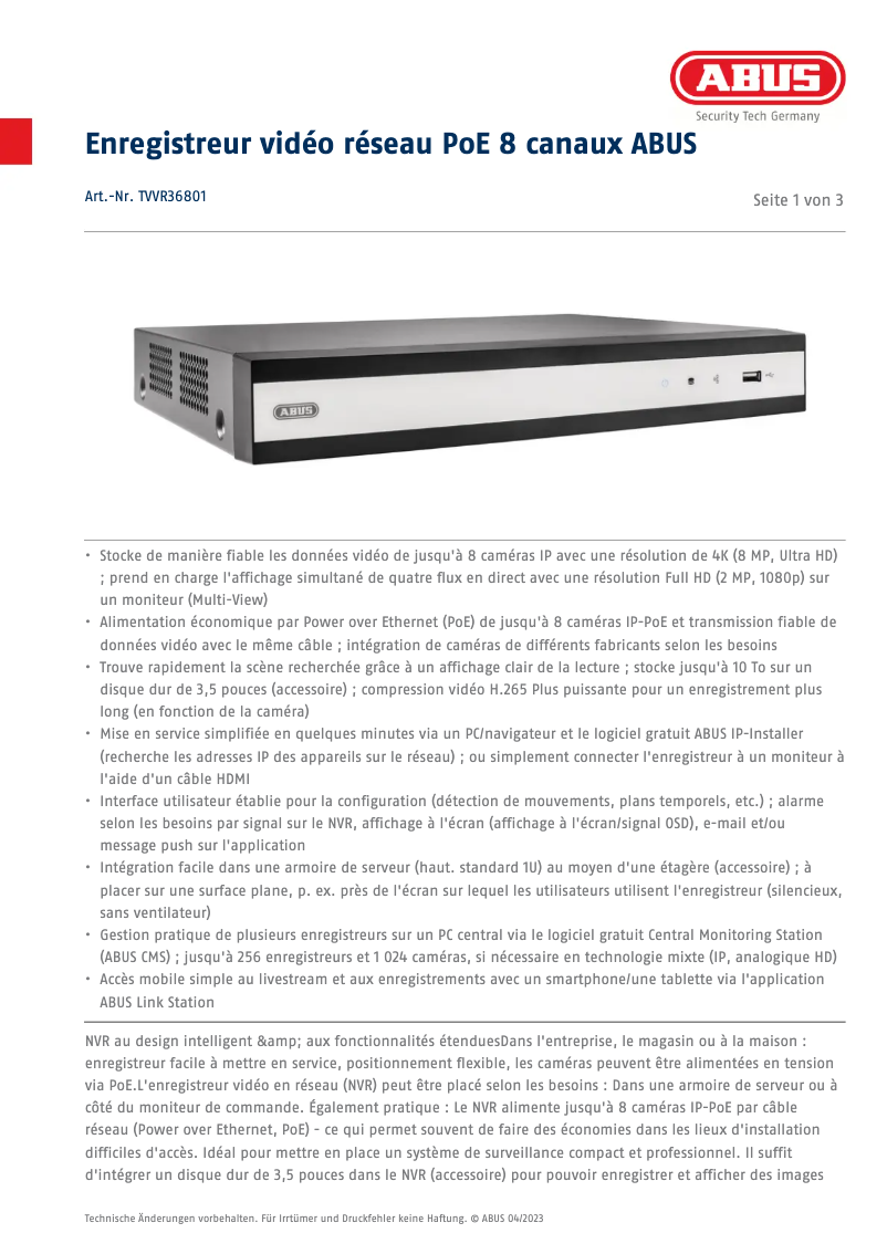 Página 1 del manual Ficha técnica Abus TVVR36801