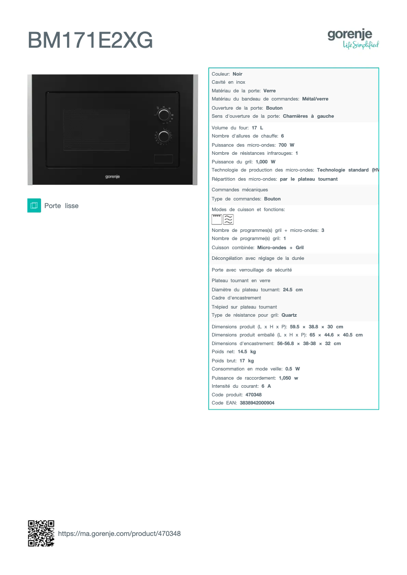 Página 1 del manual Ficha técnica Gorenje BM171E2XG