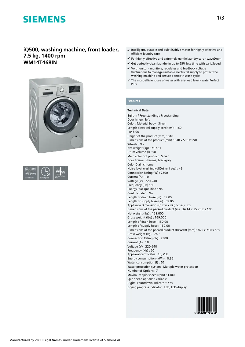 Página 1 del manual Ficha técnica Siemens WM14T468IN