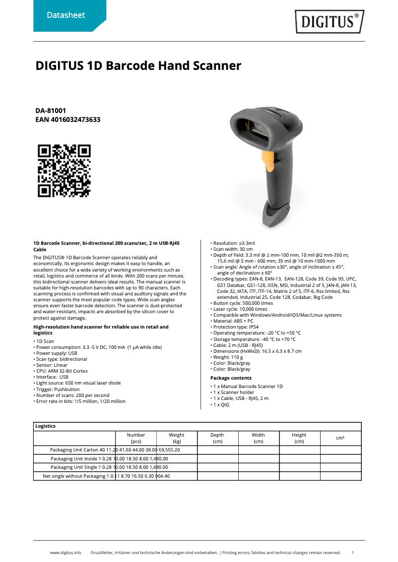 Página 1 del manual Ficha técnica Digitus DA-81001