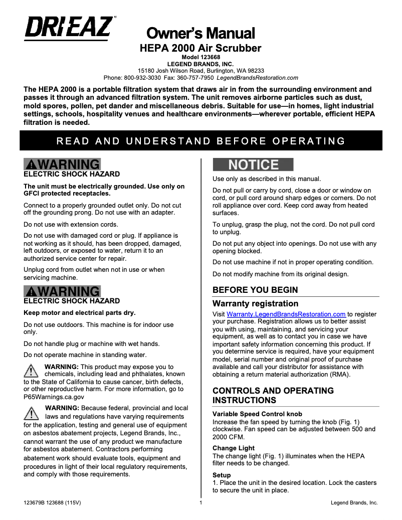 Página 1 del manual Manual de usuario Dri Eaz HEPA 2000