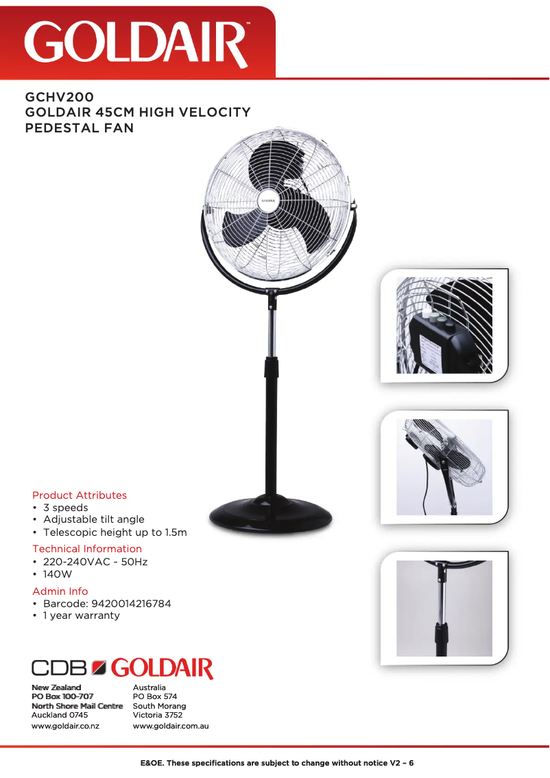 Página 1 del manual Ficha técnica GoldAir GCHV200