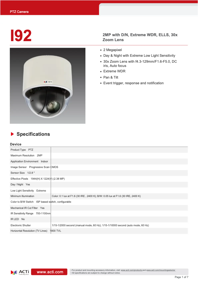 Página 1 del manual Ficha técnica ACTi I92