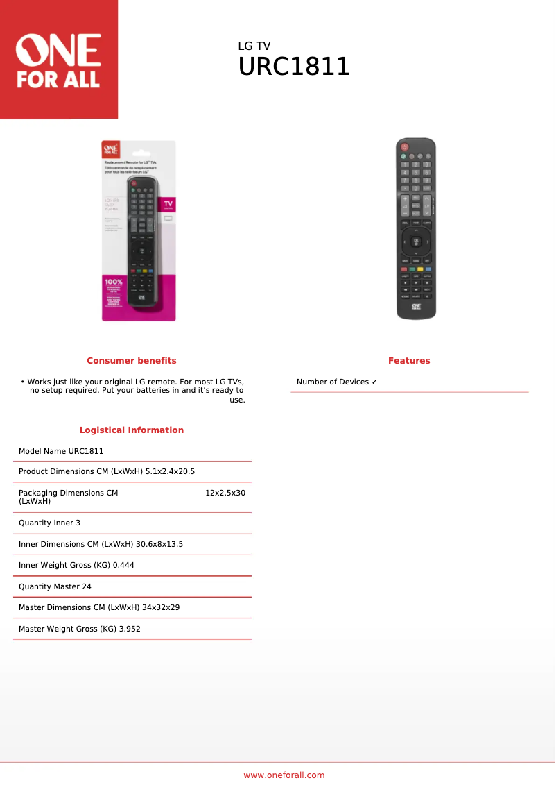 Página nº 1 - Ficha técnica One for all URC 1811