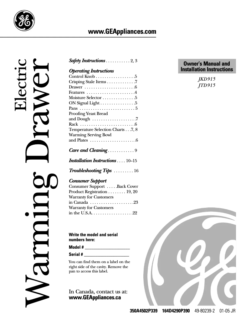 Imagen de la primera página del manual del dispositivo Profile JTD915SFSS