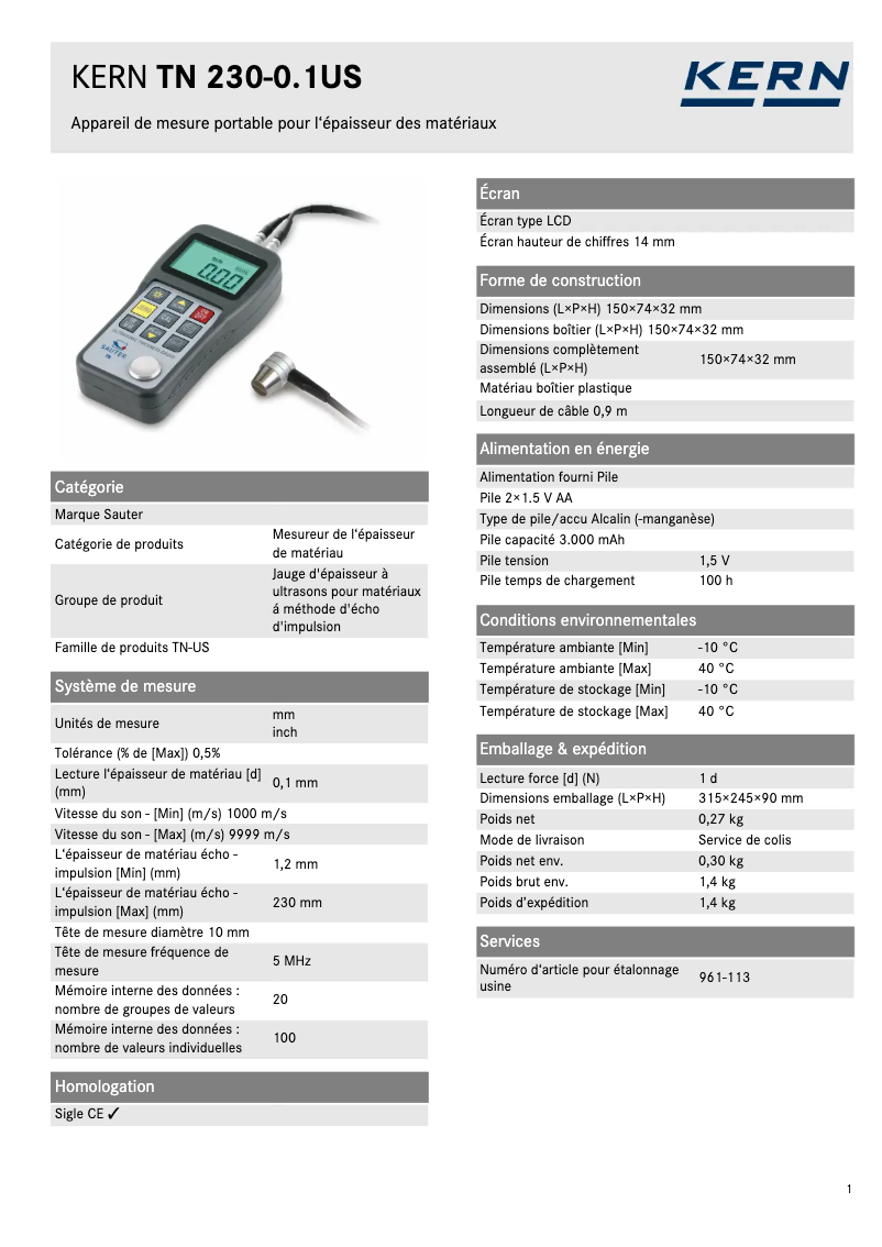 Página 1 del manual Ficha técnica Sauter TN 230-0.1US