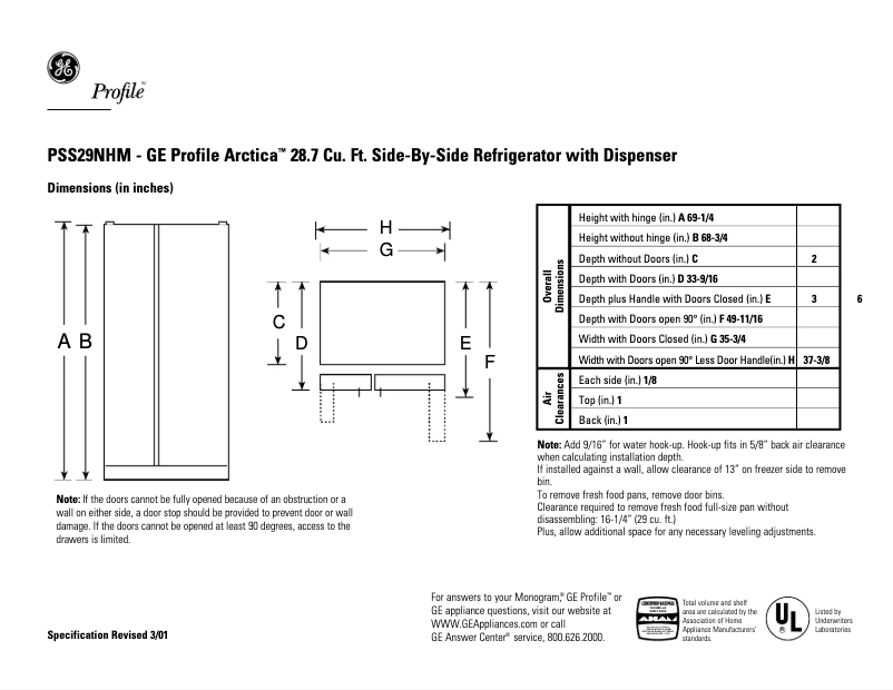 Página 1 del manual Ficha técnica GE Profile Arctica PSS29NHMBB