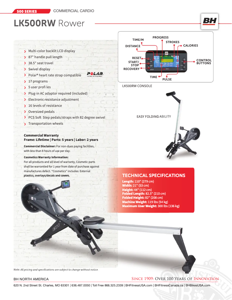 Página 1 del manual Ficha técnica BH Fitness LK500RW