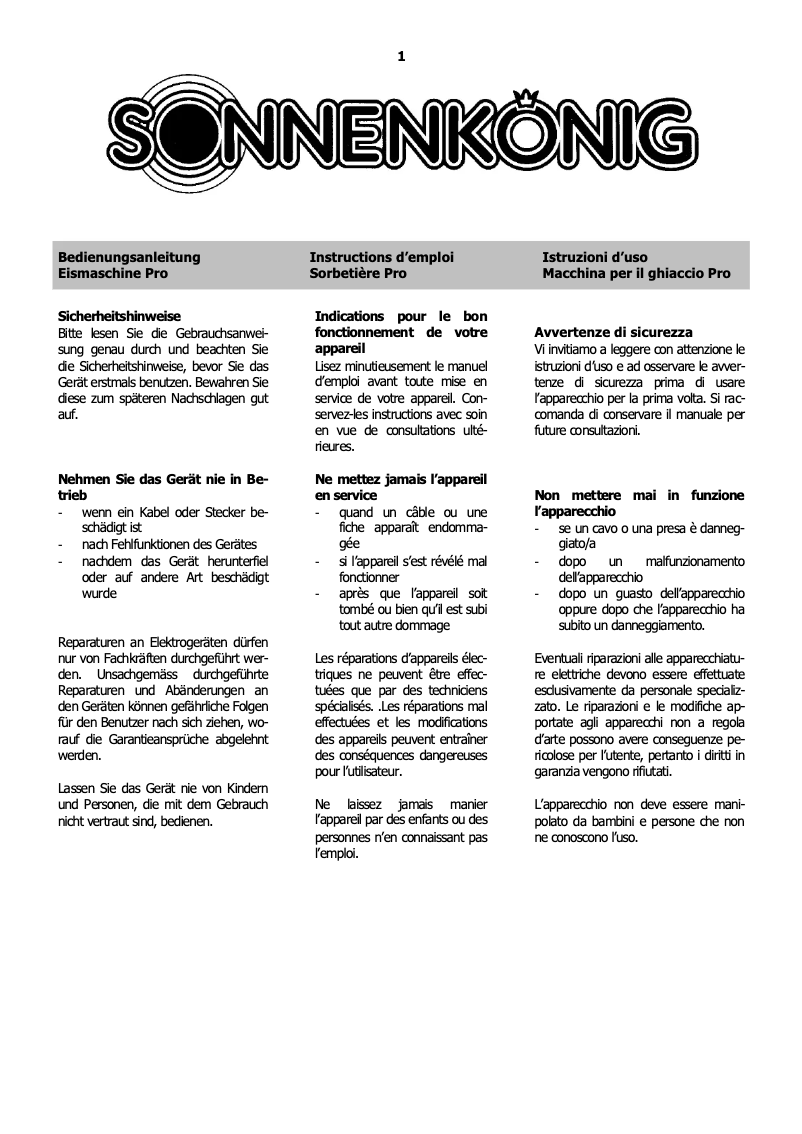 Página 1 del manual Manual de usuario Sonnenkönig Ice Pro