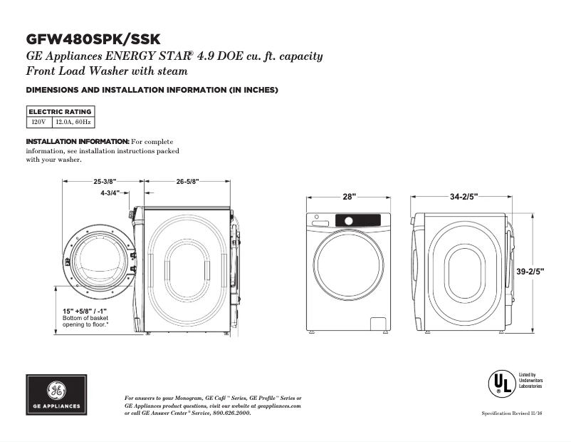 Página 1 del manual Ficha técnica GE GFW480SSKWW