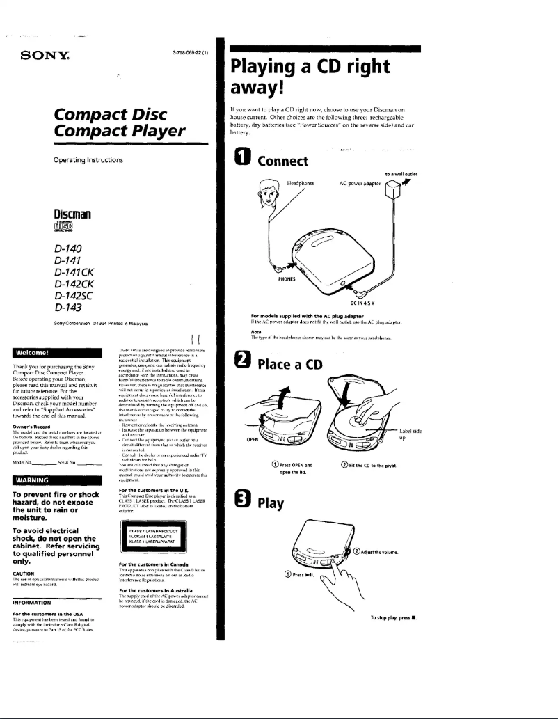 Imagen de la primera página del manual del dispositivo Discman D-140